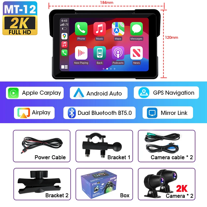 7 inch draagbare motorfietsnavigatie Ondersteuning 2K camera IPX7 waterdicht LCD-scherm voor draadloze CarPlay Android Auto