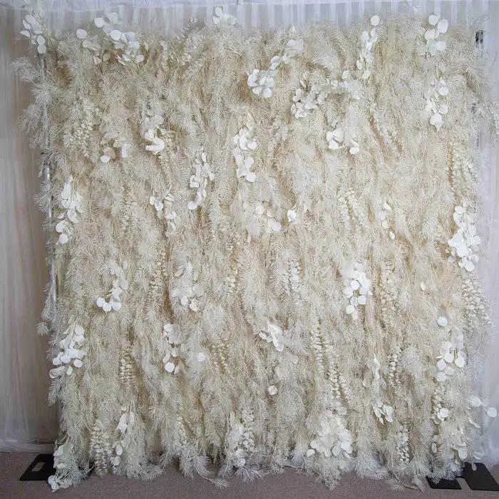 

New Natural Pampas grass white feather reed artificial flower wall rolled fabric plant wall party wedding background decoration