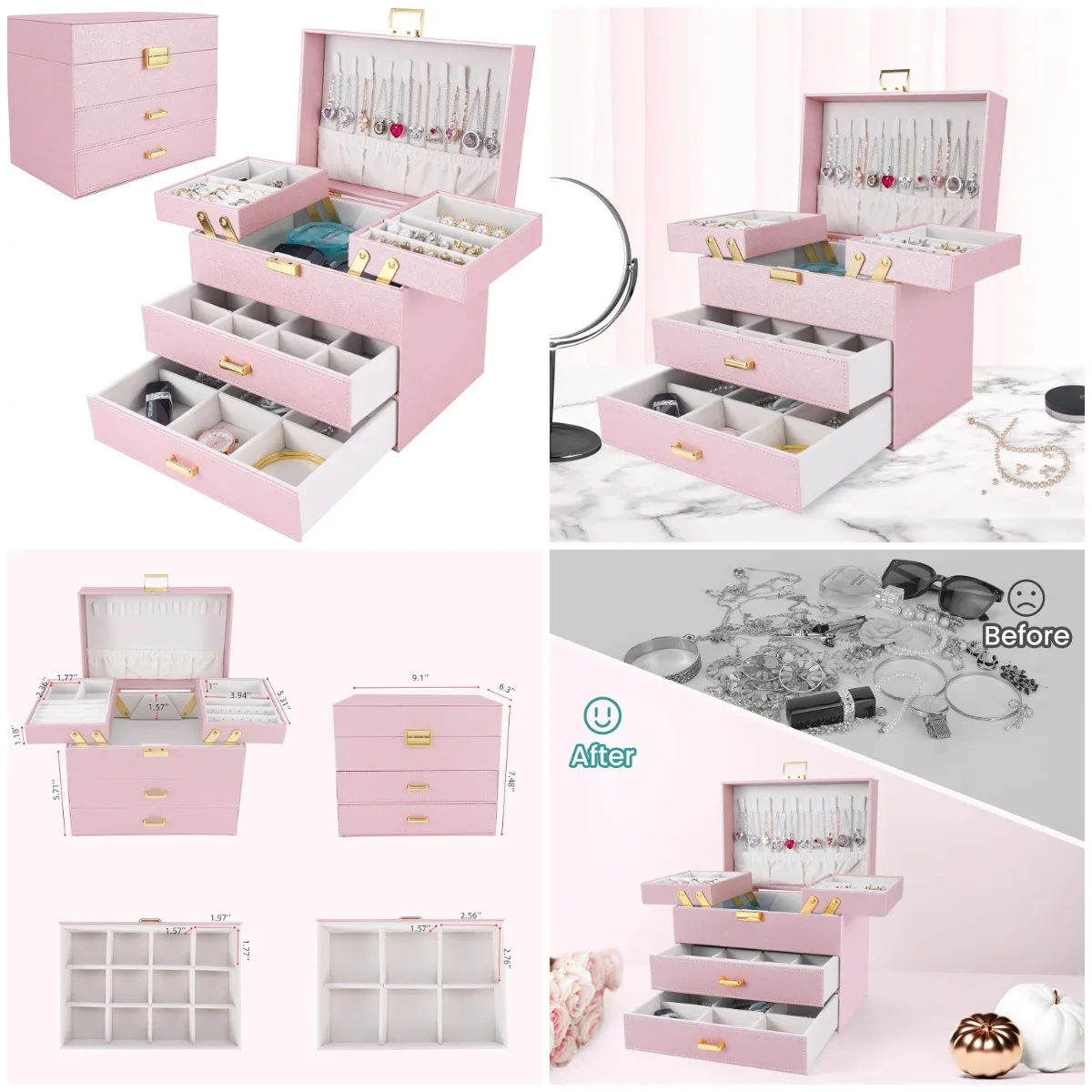 

Pink 4-Layer Jewelry Box with Drawers for Women & Girls – Elegant Gift for Wife, Mother, or Friend