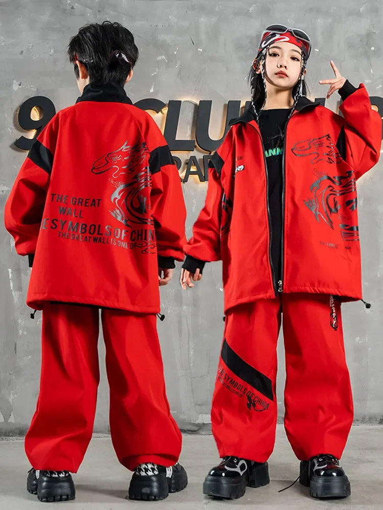 Performance Stage Wear Girls Hip Hop Clothes 2024 Chinese Style Red Loose Jacket Hiphop Pants Suit For Kids Jazz Dance