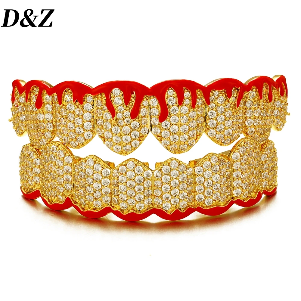 D&Z Hip Pop Bling Cubic Zircon Blood Teeth Grillz Set For Unisex Top Bottom Mouth Gold Silver Color Removable Dental Jewelry