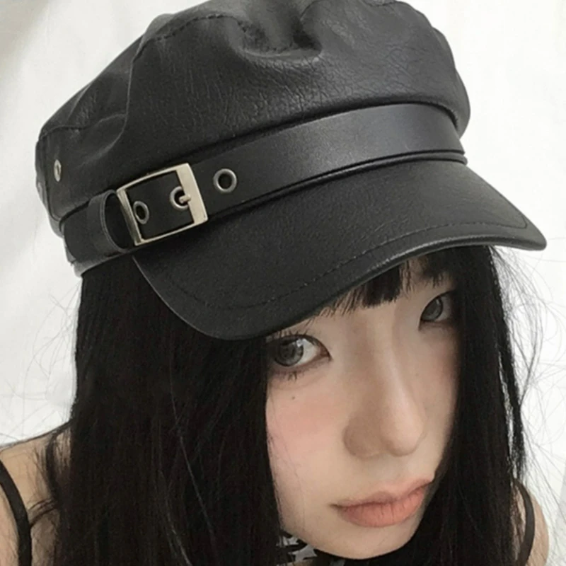 فاسق نمط أسود بولي Leather القبعات الجلدية القوطية قبعات مسطحة موضة خمر قبعة واقية من الشمس إنجلترا شقة Y2k الفتيات الهيب هوب قبعة البيريه #3