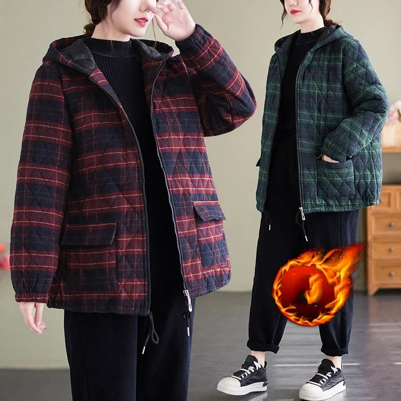 

Women's Thick Plaid Hooded Cotton Jacket Cotton Coat Warm Zipper Literary Clip Casual Winter