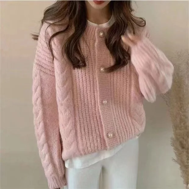 

2025 Autumn Winter Coat Outerwear Women'S Single Breasted Button Twistd Korean Pink Sweater Loose Fit O-Neck Knitted Cardigan