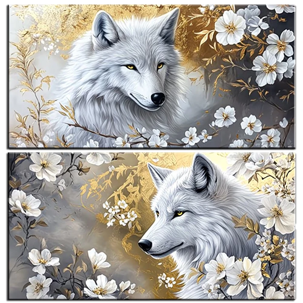 White Wolf Flowers Diamond Painting Large Size Full Square Round 5D DIY Diamond Embroidery Mosaic Embroidery Animal Home Decor