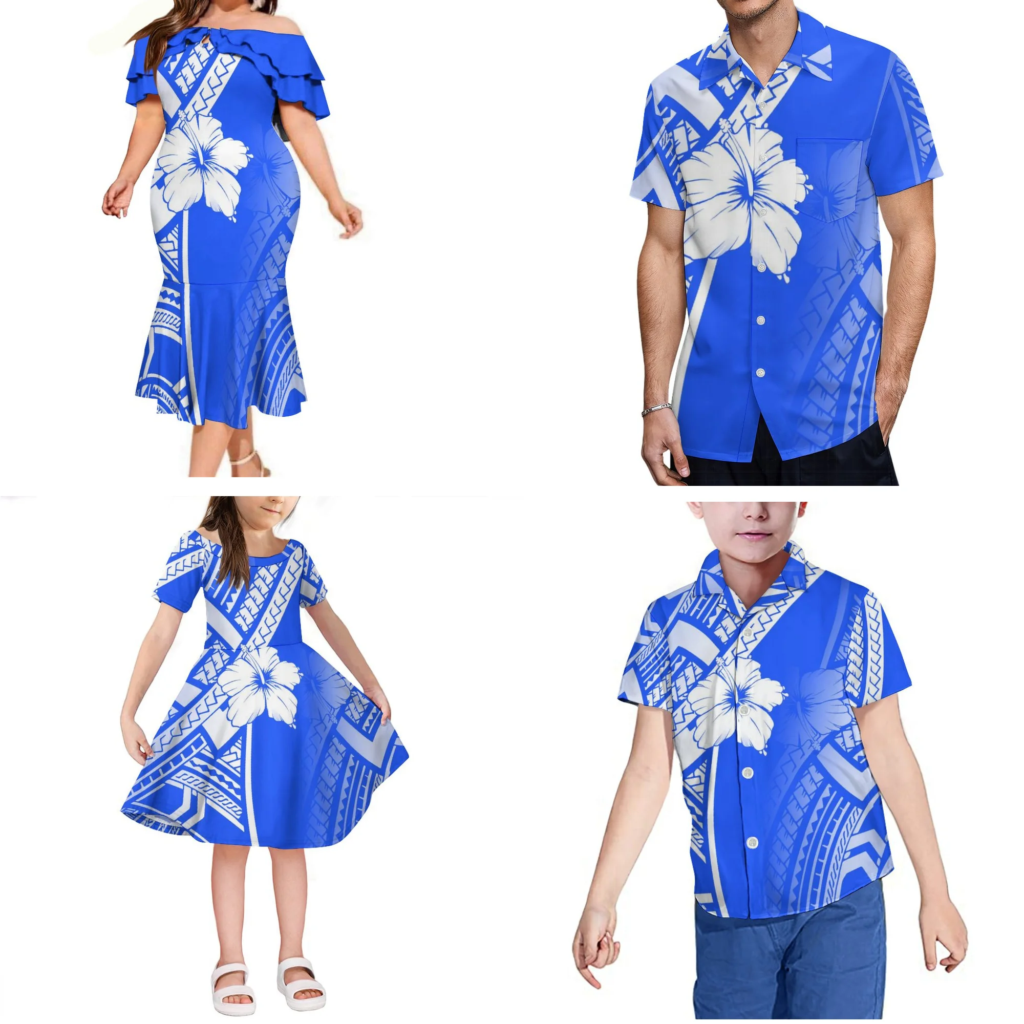 

Hawaii Ethnic Style Dress Polynesian Samoan Style Low Price Men Shirts Family Four Piece Set