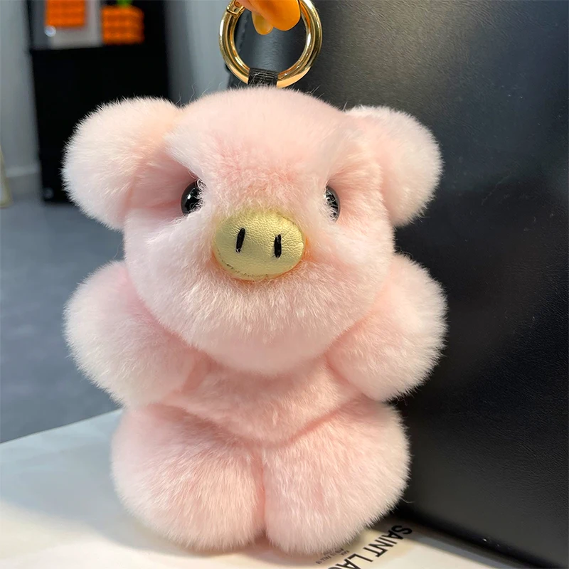 Piggy Fur Keychain For Bags Rex Rabbit Fur Piggy Keyring Plush Bag Charms Trinket Key Chain Rex Rabbit Fur Large Car Key Pendant