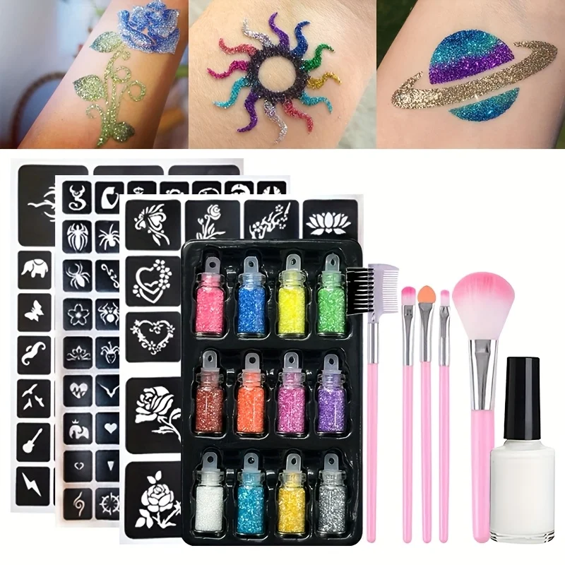 

12-цветный набор временных блесток для татуировок, включает клей, шаблоны, кисти для макияжа, для временных татуировок, украшения лица и тела