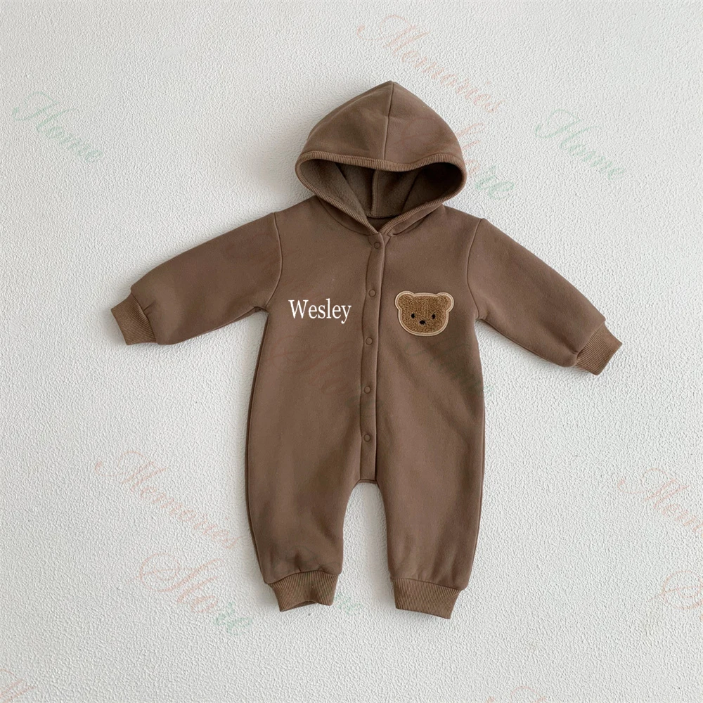 Customized Children\'s Jumpsuit Thickened Autumn and Winter Outfits Fleece Bear Crawling Suit Personalized Name Newborn Jumpsuits