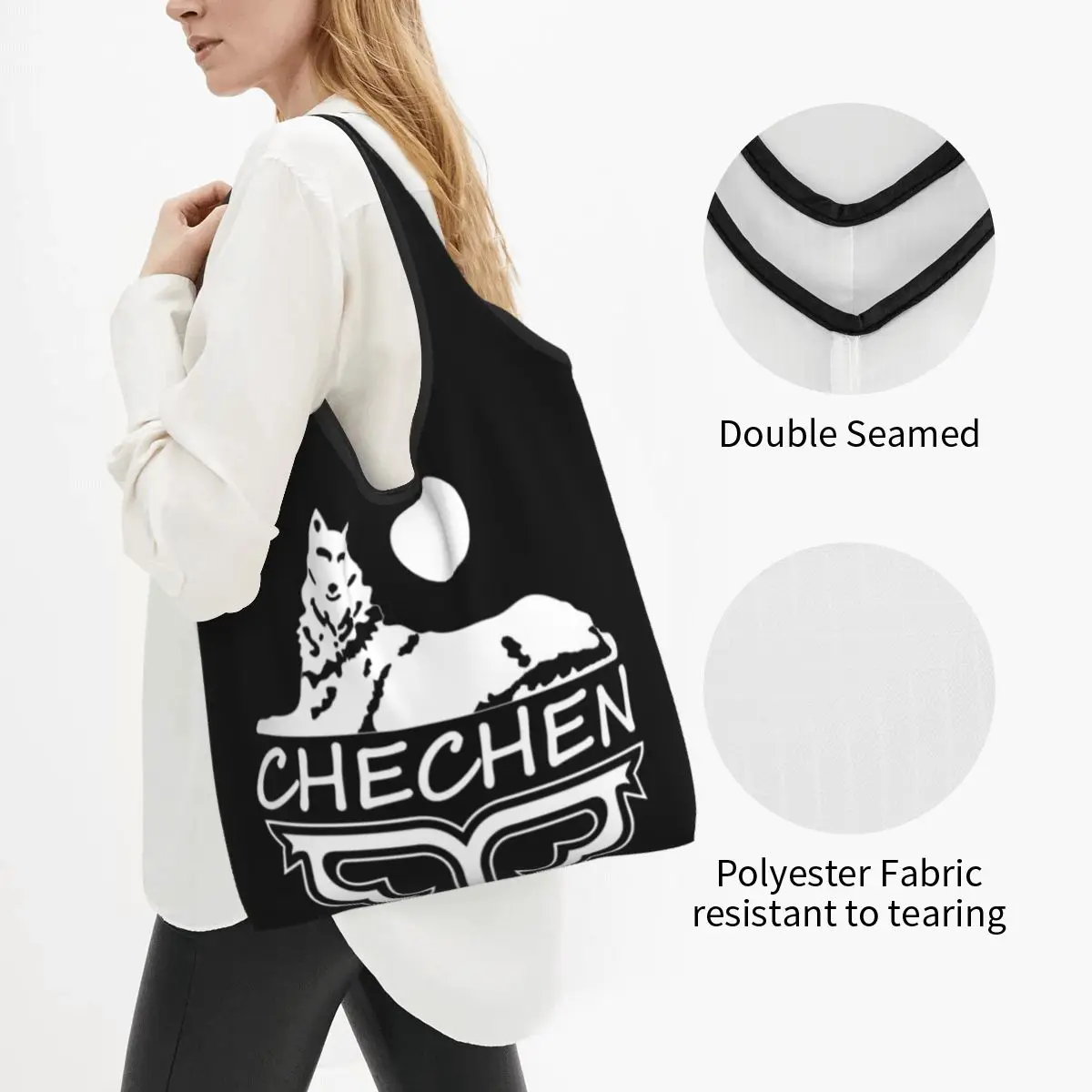 Kawaii Printed Chechen Borz Shopping Tote Bag Portable Shoulder Shopper Chechnya Handbag