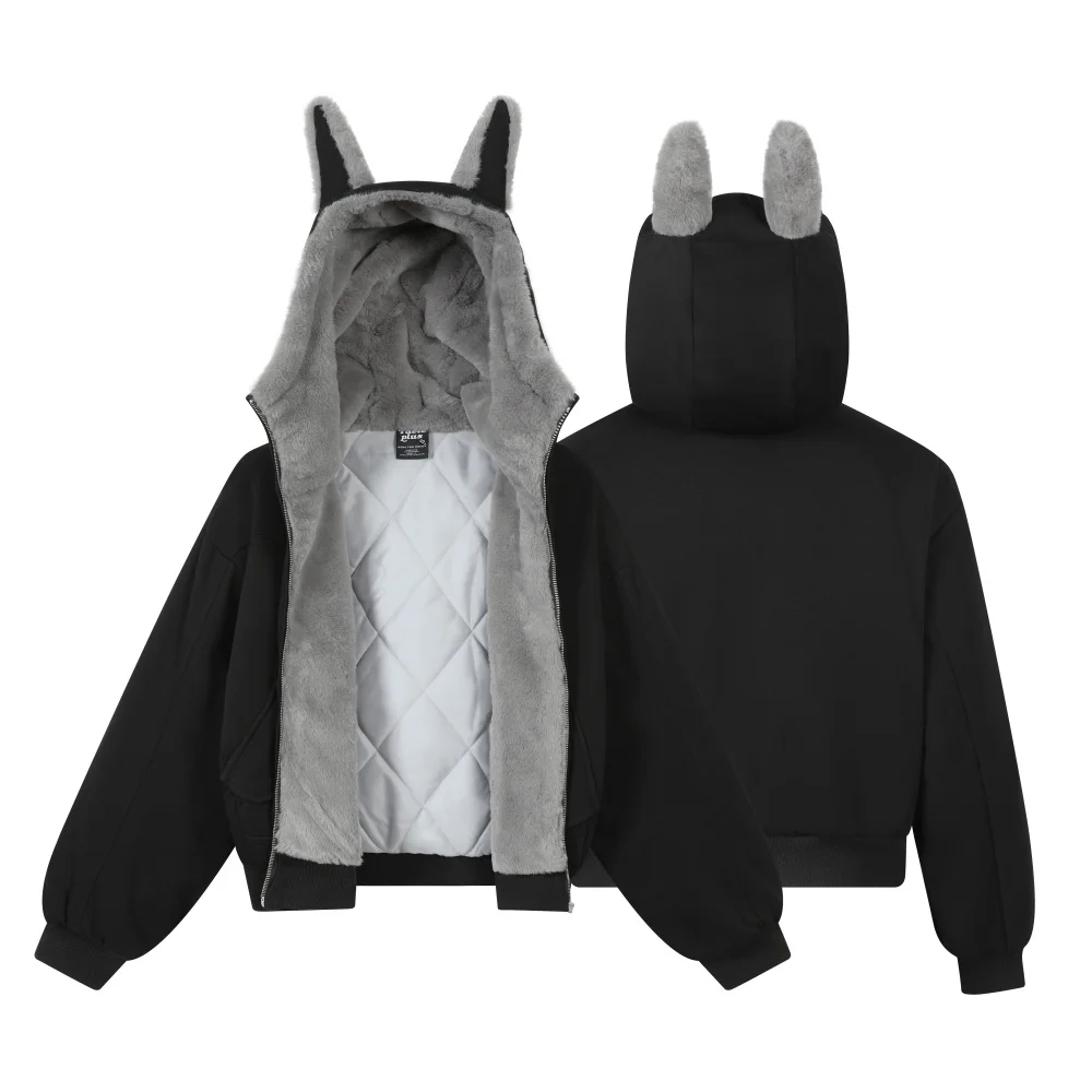 Damska kurtka zimowa z kapturem, wzór uszy dobermana, pikowana kurtka puchowa z kapturem, wysokiej jakości wyściółka, damskie płaszcze zimowe