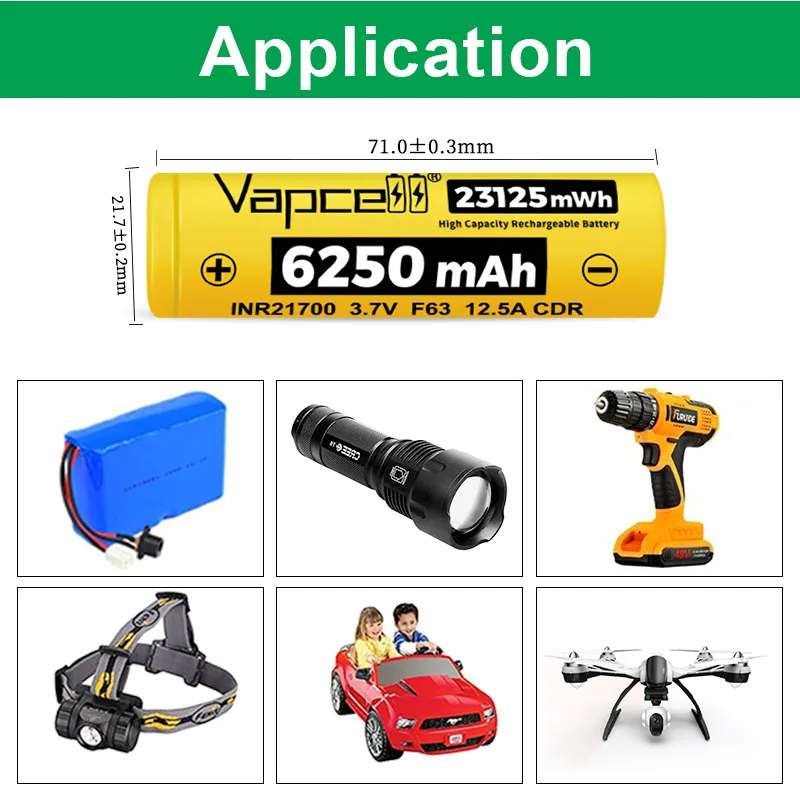 بطارية جديدة عالية السعة 21700 Vapcell F63 INR 21700 6250mAh CDR 12.5A بطارية قابلة للشحن لحزمة بطارية تخزين الطاقة