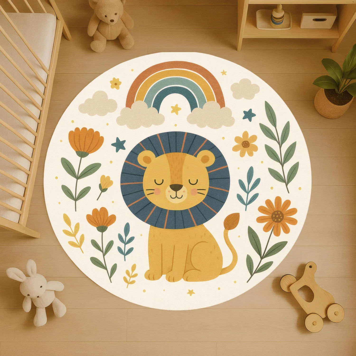 Rainbow Lion Round Rug, Colorful with Floral, Cloud, and Star Patterns, Suitable for Baby's Room or Toddler's Play Area