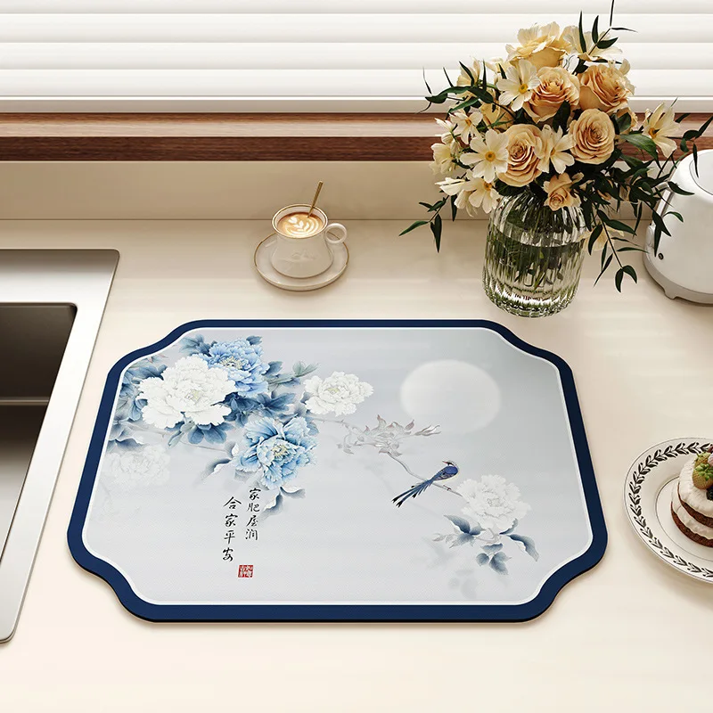 VIKAMA chinese crane oriental style absorbent dish mat bird flower auspicious cloud kitchen countertop absorbent non slip pad