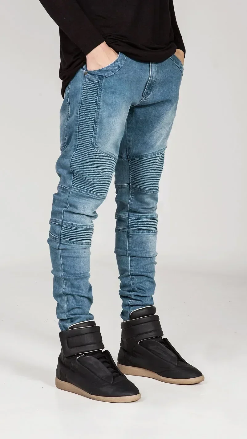 

European and American Men's New Style in 2024. Three-dimensional Cut Slim-fit Elastic Narrow-leg High Street Motorcycle Jeans.