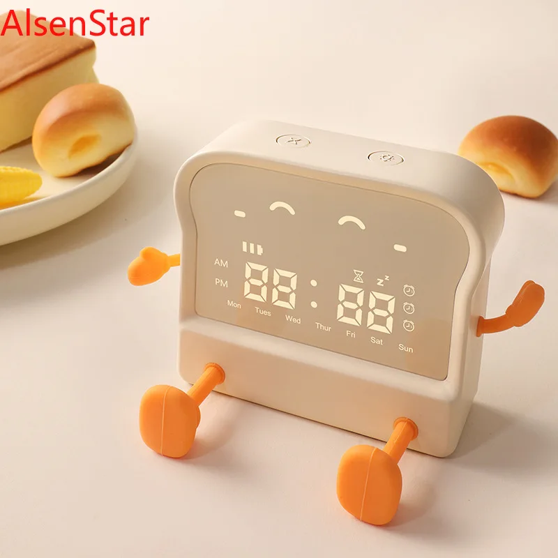 

New Toast Alarm Clock USB Charging Large-capacity Battery Colorful Lighting Three Independent Alarm Clocks Silent Walking Watch