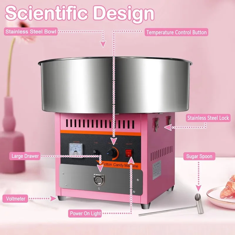 Electric 1000W Commercial Cotton Candy Machine Pink Stainless Steel Bowl Sugar Scoop for Home Carnival Birthday Family Party