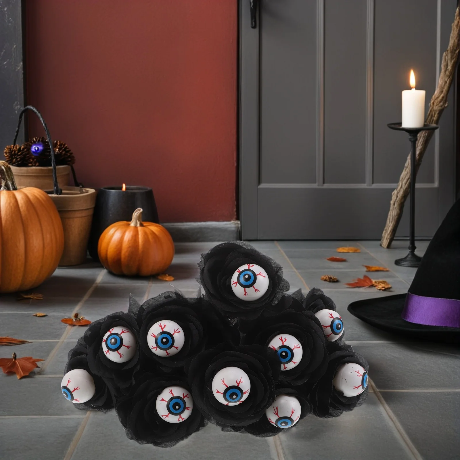 

10pcs Halloween Decoration Fake Black Roses with Eyeballs Spooky Artificial Flowers Outdoor Garden Party Theme Decor Faux