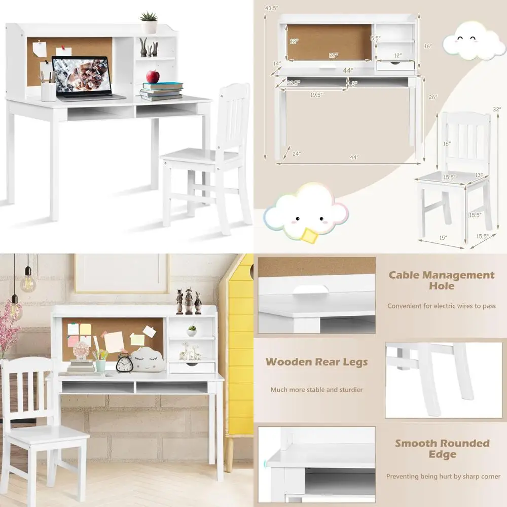 

Белый деревянный детский стол и стул с местом для хранения, навесной секцией, полками и пробковой доской для учебы и игр