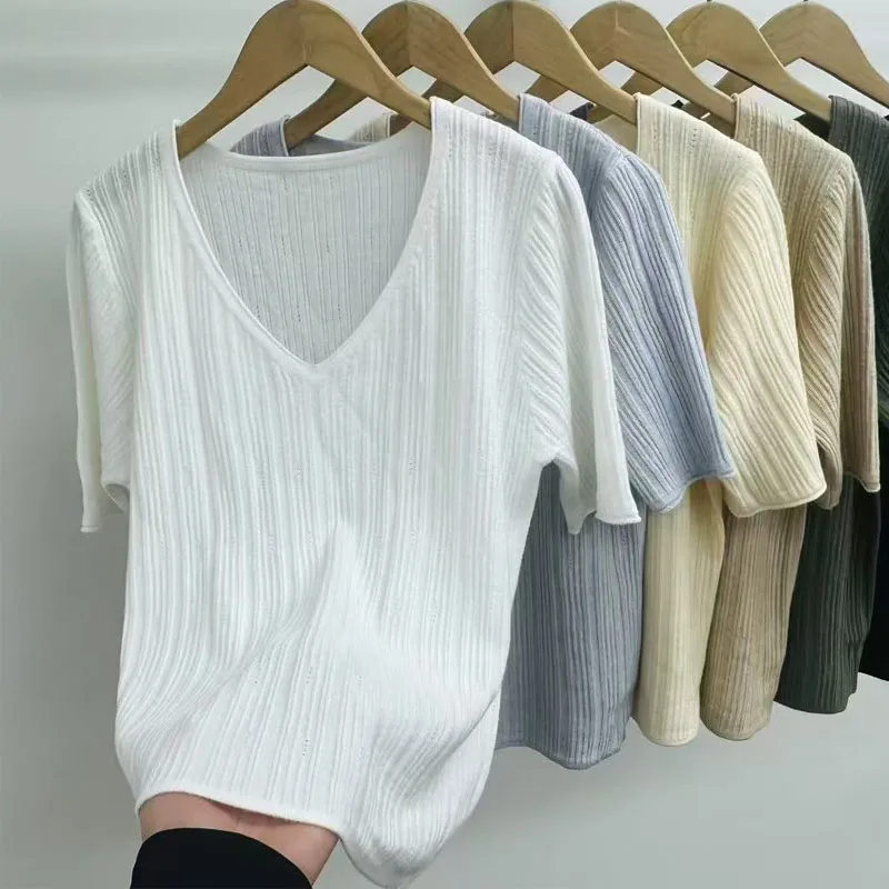 

Knitted Sweater Women Pullovers New Short Sleeve V-Neck White Knit Sweater Pullover Women Tops Sweaters Sueters De Mujer Q1278