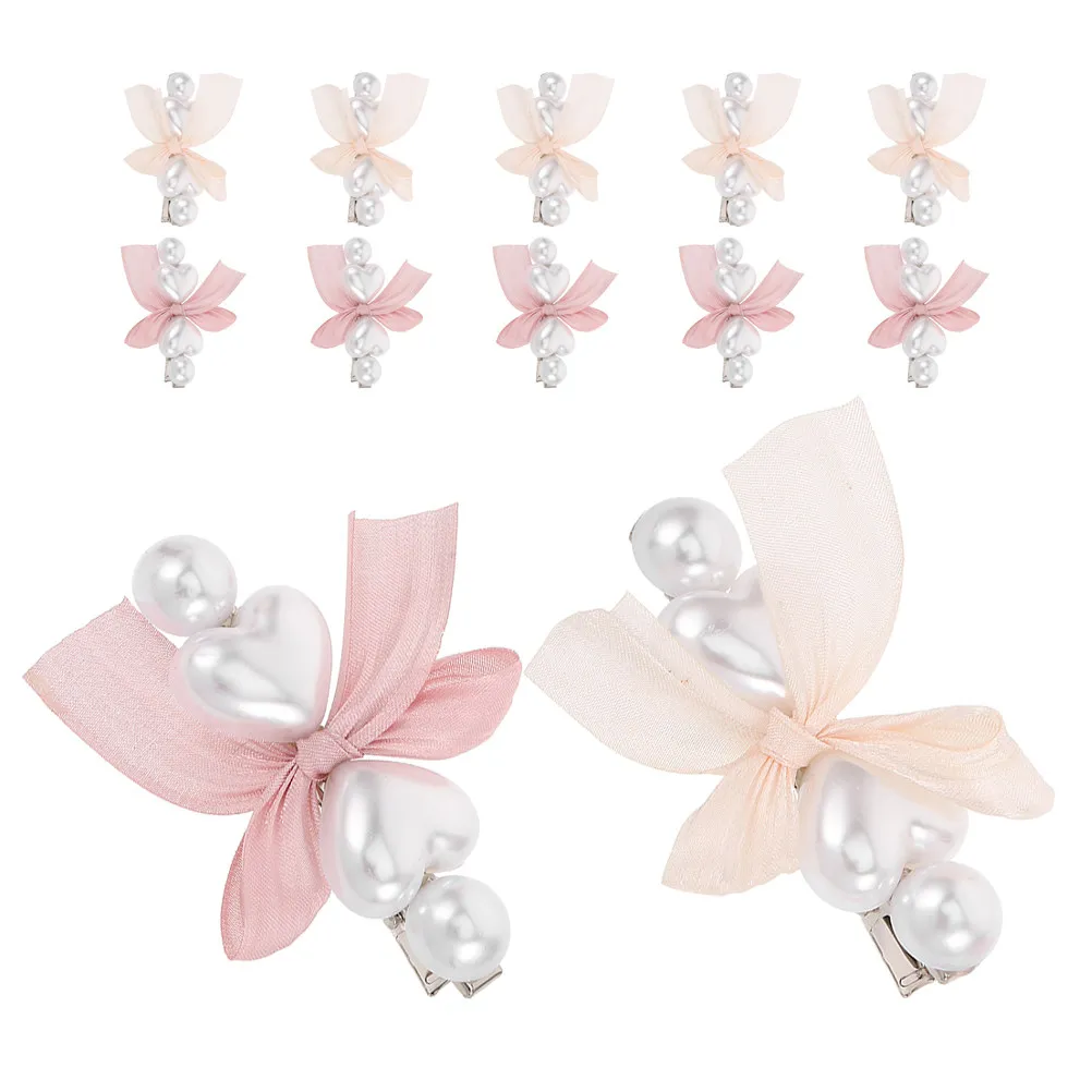

12pcs Bow Hair Clips For Women Pearl Bowknot Duckbill Barrettes In Beige Pink, Cute Side Hairpins For Daily Office Wear, Vintage