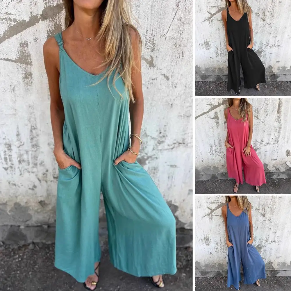 Sommer Frauen Overall Retro Farbe Overall frauen V-ausschnitt Ärmellose Overall mit Seitentaschen Lose Breite Bein Casual Outfit