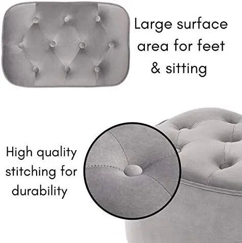 BIRDROCK Tufted Curve Grey Ottoman \u2013 Velvet Foot Stool \u2013 Mid Century Steel Legs - Soft Compact Padded Stool - Living