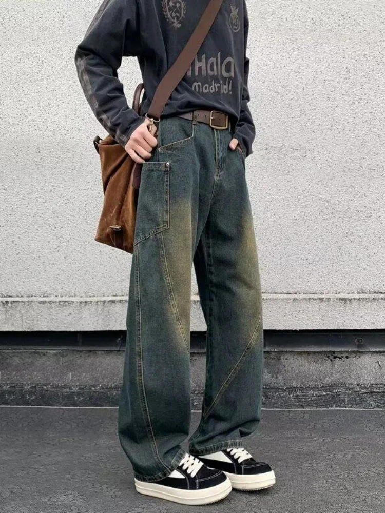 

Мужские широкие джинсы American High Street, весенняя коллекция, стиль Cleanfit, модный бренд, с нашивками, повседневные длинные брюки