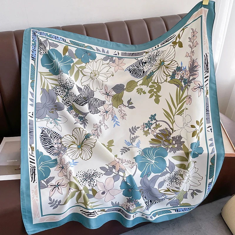 وشاح حريري مربع الأزهار للسيدات ، طباعة عالية الجودة ، شالات ولفافات ناعمة ، حجاب ، أزياء جميلة ، إسبانيا ، 90 × 90 ، 24 #2