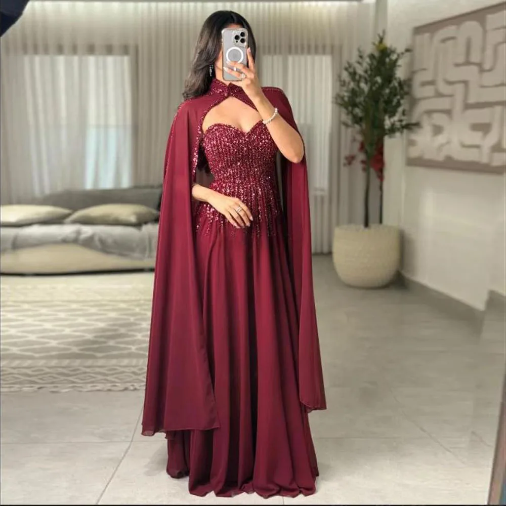 ชุดราตรีทรงเอไลน์แบบมีผ้าคลุมประดับลูกปัดสำหรับงานแต่งงาน ดีไซน์คอวี  แบบสั่งตัดพิเศษ