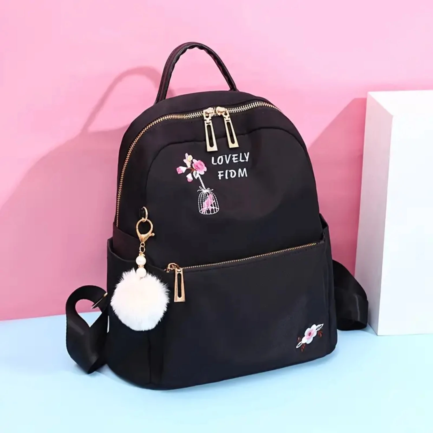 Nylon Backpack with Plush Ball featuring Stylish Flower Embroidery, Trendy Fashion Casual Satchel Shoulder Bag perfect for Women