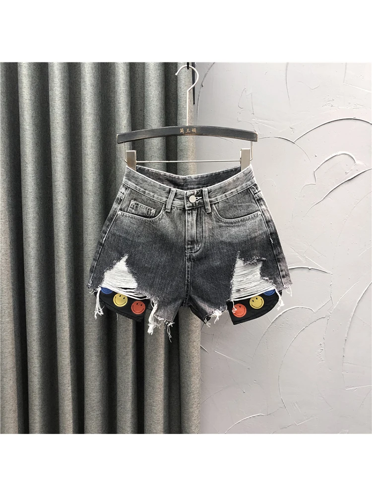 

Women's Grey Denim Shorts Streetwear Y2k Mini Short Pants Harajuku Vintage Oversize High Waist Ripped Shorts Jeans 2000s Clothes