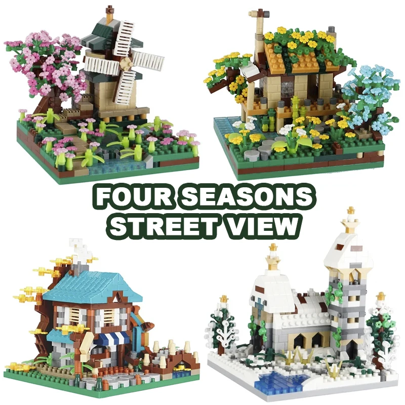 

Креативные сезоны, вид на улицу, дом с вишневым цветом, строительные блоки, лед, снег, замок, сборные кирпичи, игрушки, подарки для детей и взрослых