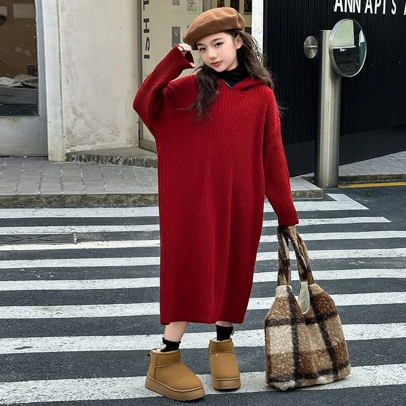 

Красное вязаное платье-свитер с капюшоном для девочек, платье миди длиной до 4–12 лет, наряд на лунный Новый год