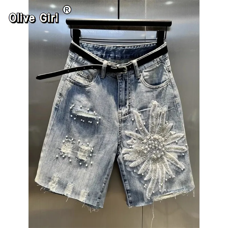 Olivegirl Fashion Y2k Ripped Shorts High Waist Knee Length Pants Ladies Jeans Summer Street Denim Shorts Women Tassel Sequin