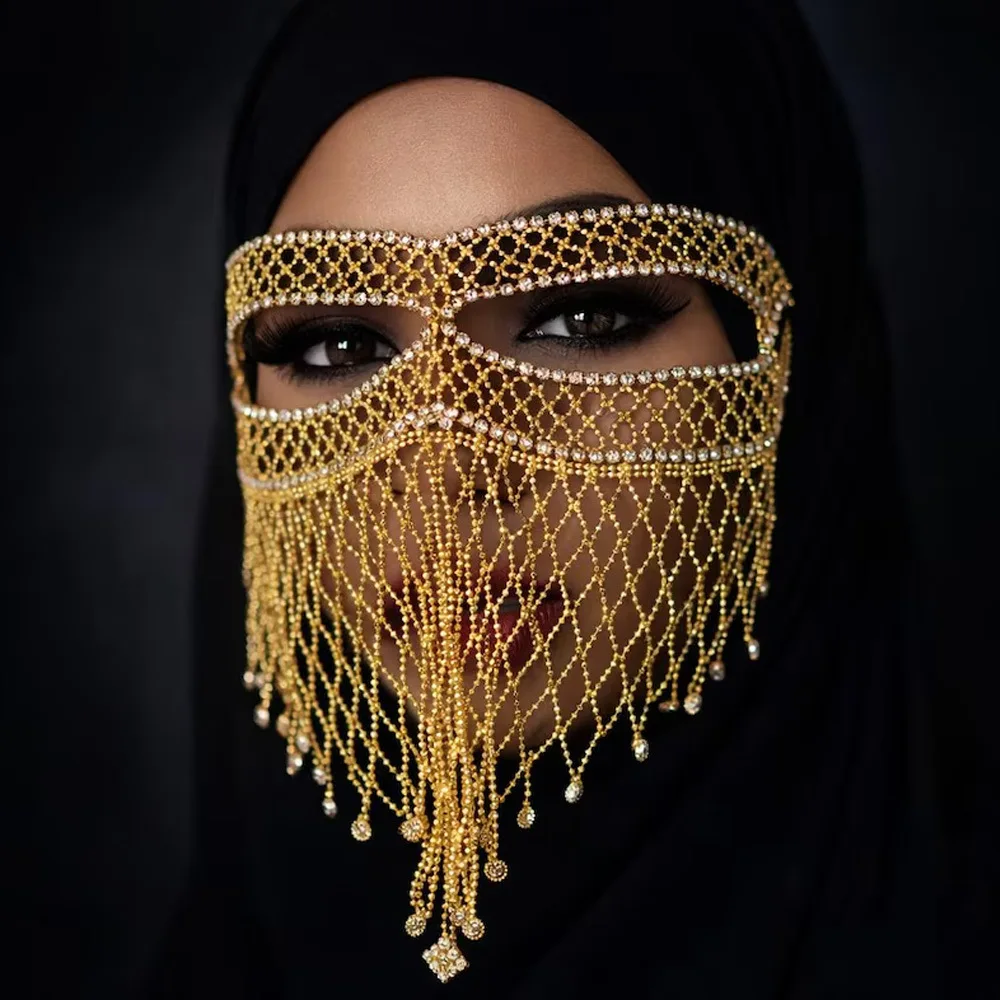 Halloween Unisex Rhinestone Mesh Tassel Fringe Breathable Mask for Masquerade Stage Party Carnival Fancy Dress Costume Accessory 2