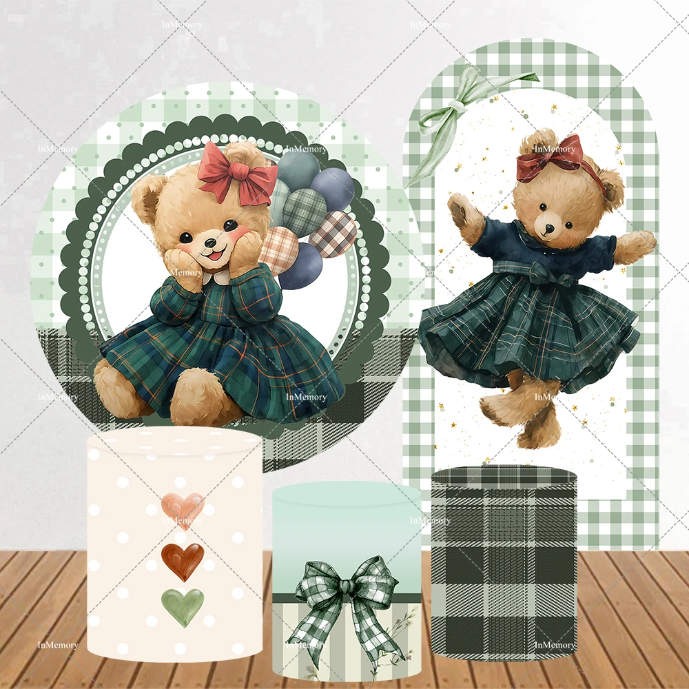 Cute Little Bear Round Arch Backdrop Classic Green Plaid Dress Girl Baby Shower 1st Birthday Party Background Bow Plinth Covers