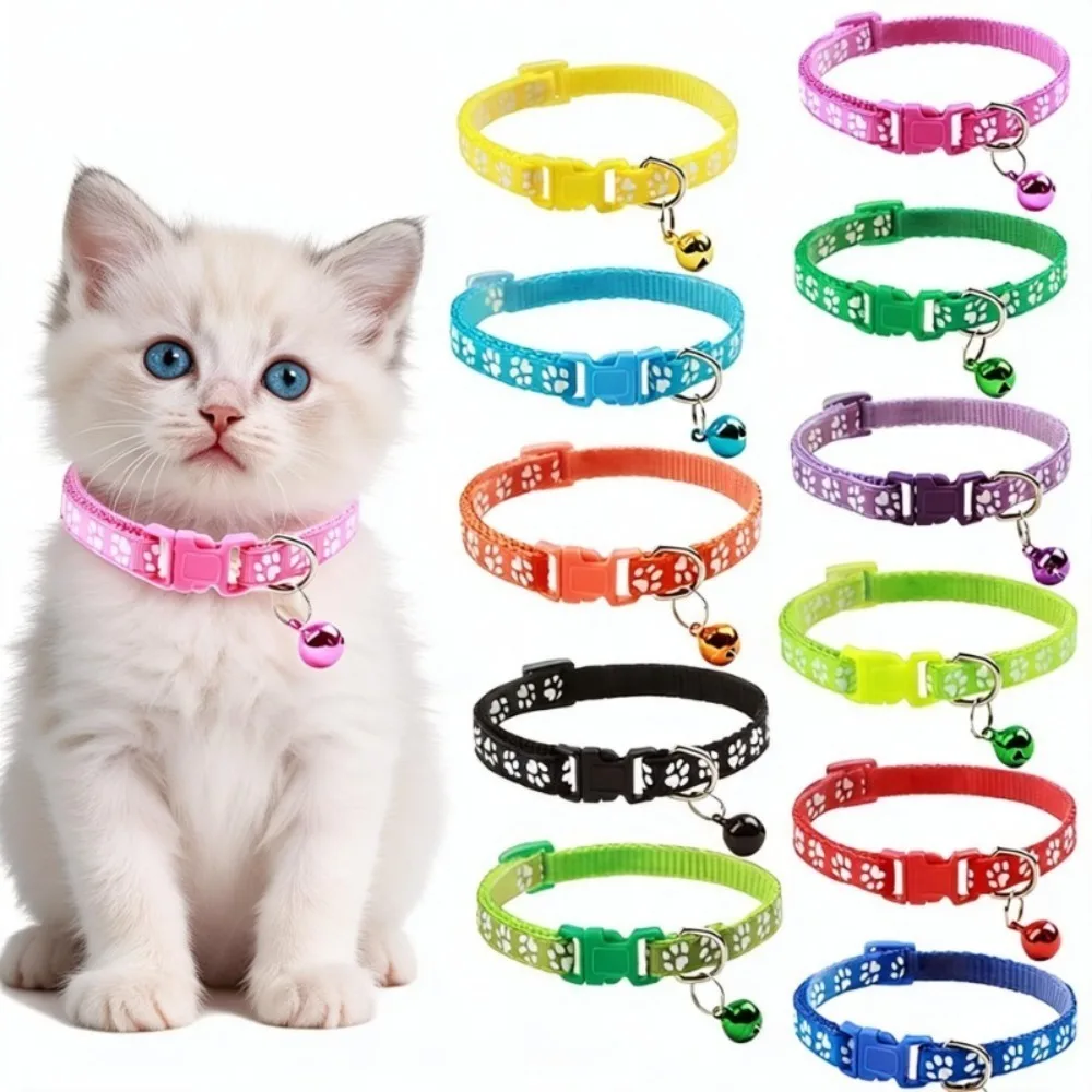 Pet Collar With Bell Cartoon Footprint Colorful Dog Puppy Cat Accessories Kitten Collar Adjustable Safety Bell Ring Necklace Pet