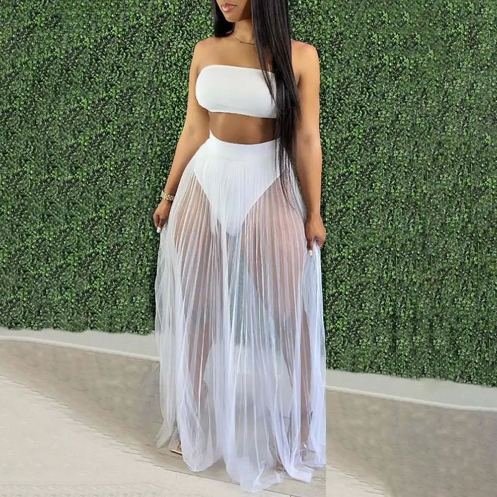 Vest Mesh Bottom 3pcs Vest Skirt Set Sexy Bandeau Top High Waist Briefs Mesh Pleated Long Skirt Outfit in Solid Color for Women