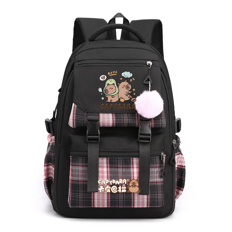 Kawaii Avocado Capybara Print Plaid Splicing Backpack Teen Men Women Multi Pocket Student Laptop School Bag Mochilas Para Mujer