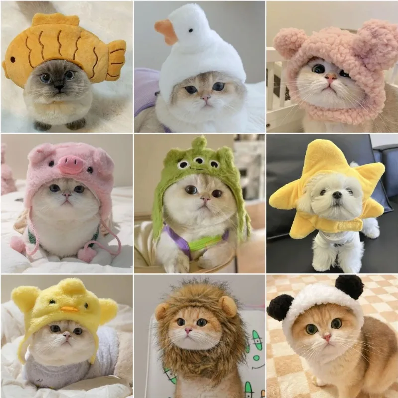 

Cute Cat Cap Funny Bear Plush Head Cover Cute Cat Dog Woven Warm Headdress Pet Hat Kitten Puppy Cosplay Costume Accessories