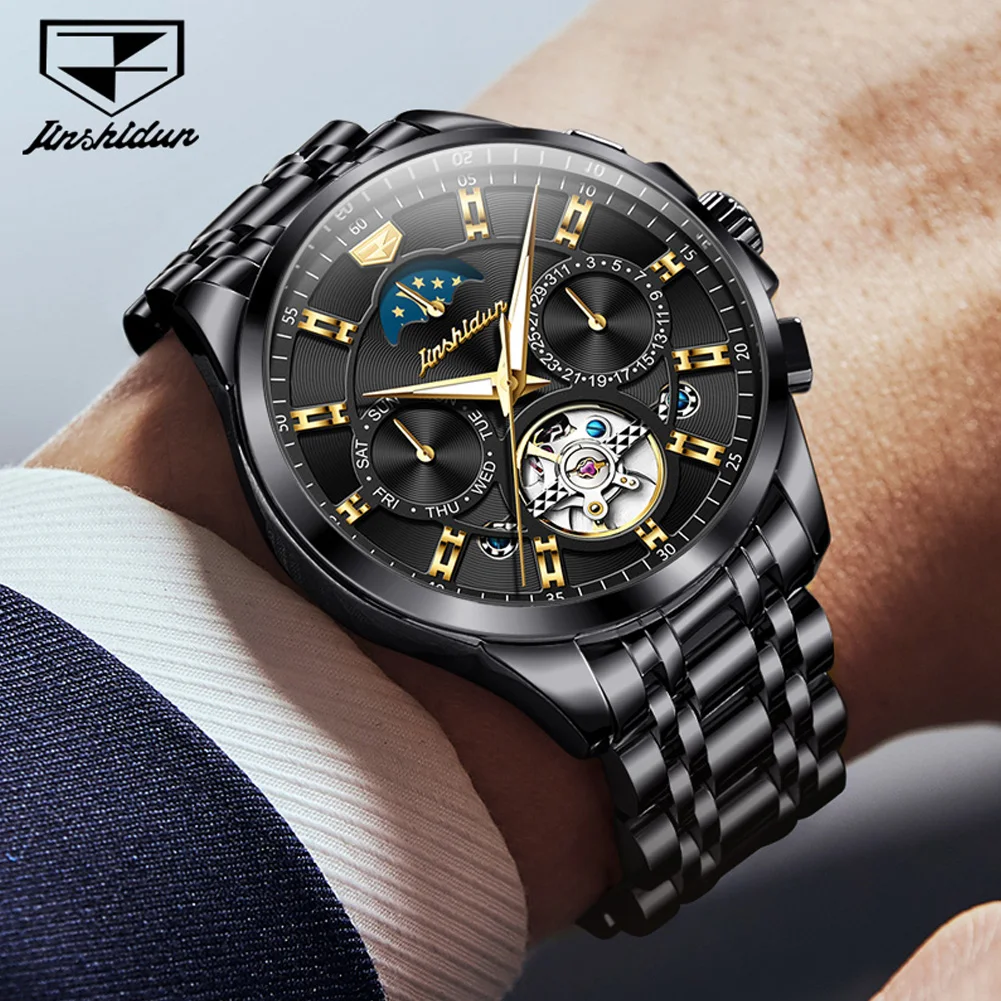 JSDUN 8945 Mens Watches Skeleton Flywheel Automatic Mechanical Wristwatch Calendar Moon Phase Original Luxury Business Man Watch
