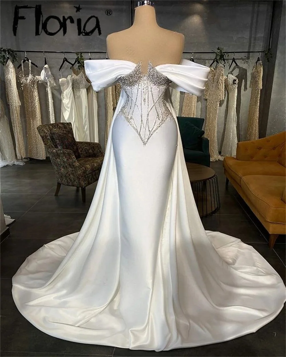 

Plus Size Beaded Satin Formal Evening Dress Arabic Off Shoulder Wedding Party Gowns Custom Made Robe de mariée Second Reception