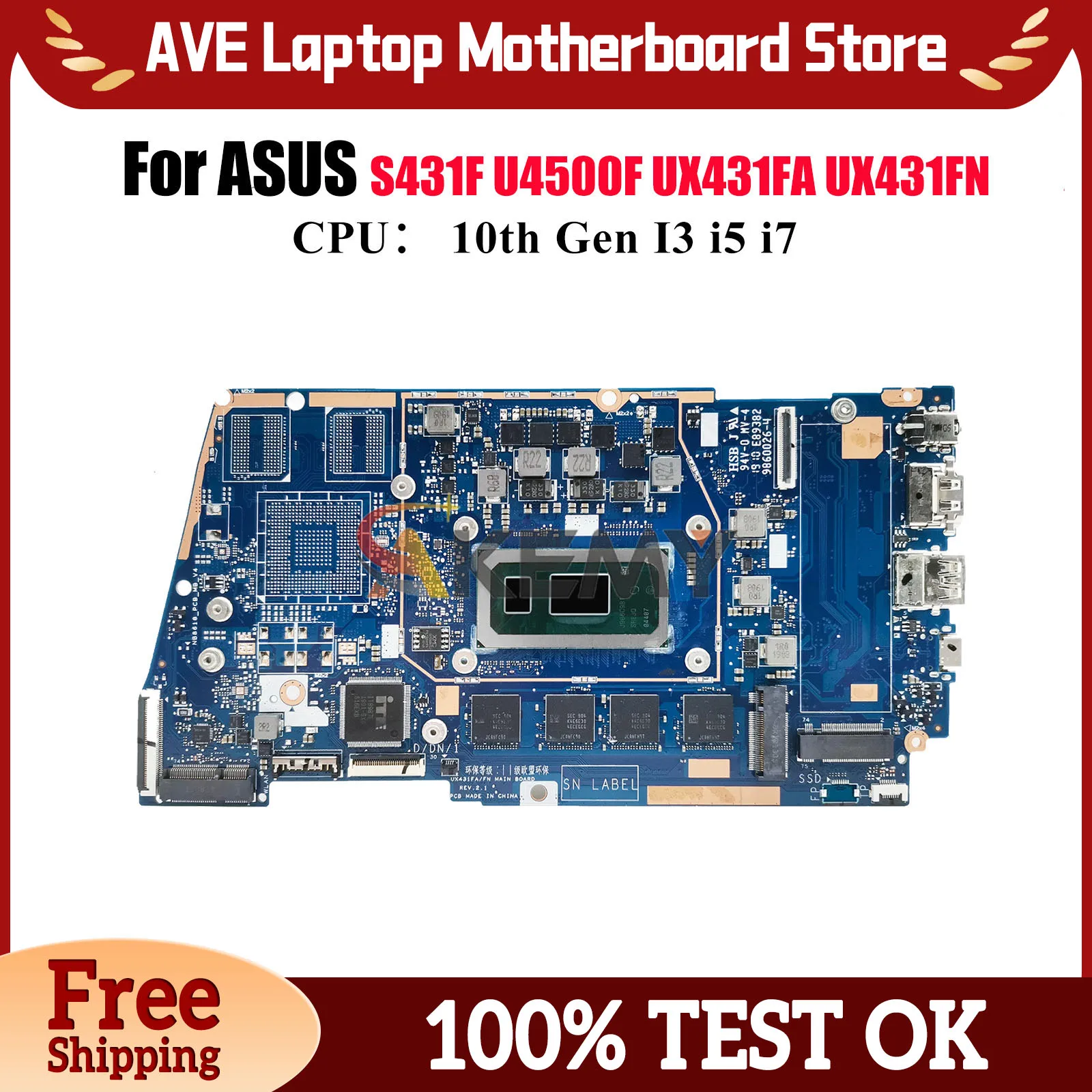 

UX431FA Материнская плата для ноутбука ASUS ZenBook UX431F UX431FA UX431FN S4500F U4500F X431F S431F Материнская плата с 10-го поколения I3 i5 i7