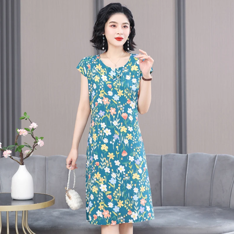 New Summer Dress Floral For Women Printing O-Neck Short Sleeve Casual Loose Vintage Dresses 5XL Vestidos