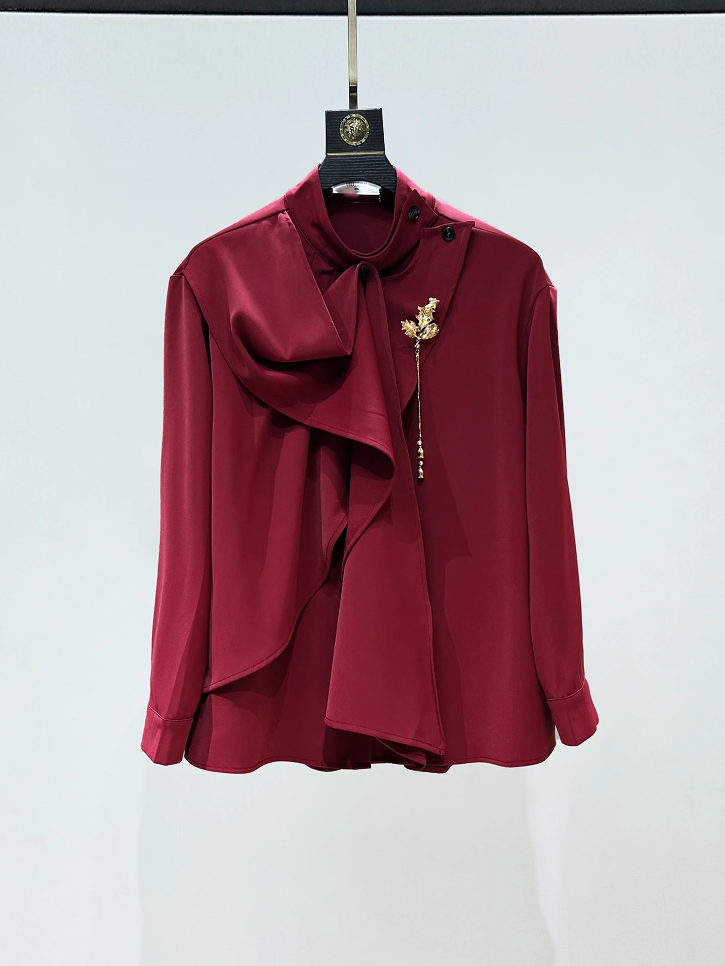 

Original Small Audience Long Sleeve Men's Shirt with Scarf Sash Asymmetrical Design Premium Feel Chest Pin Red Shirt