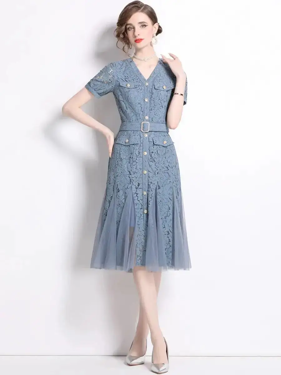 Verão com decote em v manga curta diamantes único breasted cinto midi vestido moda designer malha emendado renda sólida uma linha vestidos