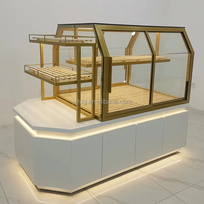 Wood Metal Store Bread Display Racks Cabinet Shelf with Customized Advertisement Board