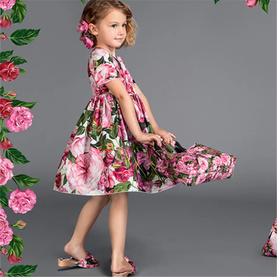 Kids Princess Dresses Girls Flowers Printed Short Sleeve Party Dress Children Summer Elegant Birthday Holiday Clothing Baby