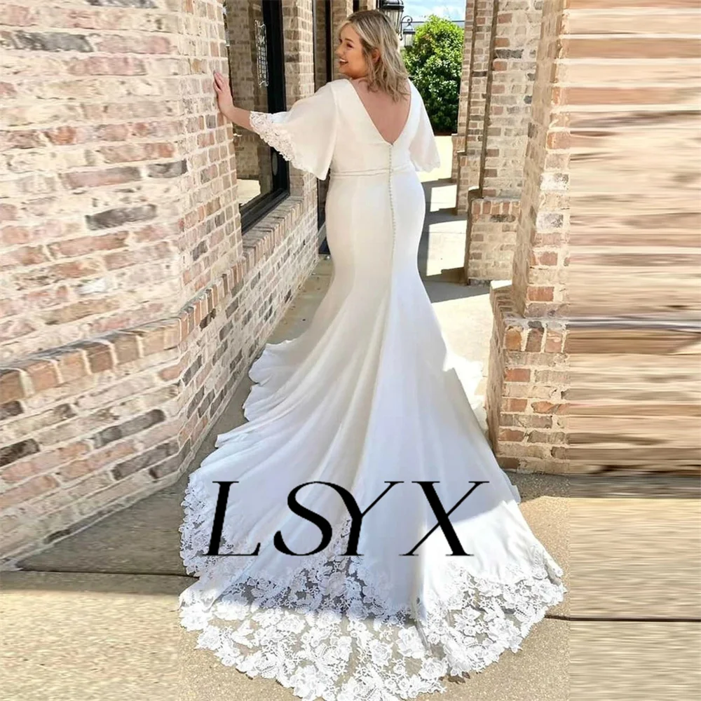 LSYX-Deep V-Neck Flare Appliques Mangas Vestido de Noiva para Mulheres, Crepe Sereia, Open Back, Tribunal Trem vestido de noiva, Custom Made